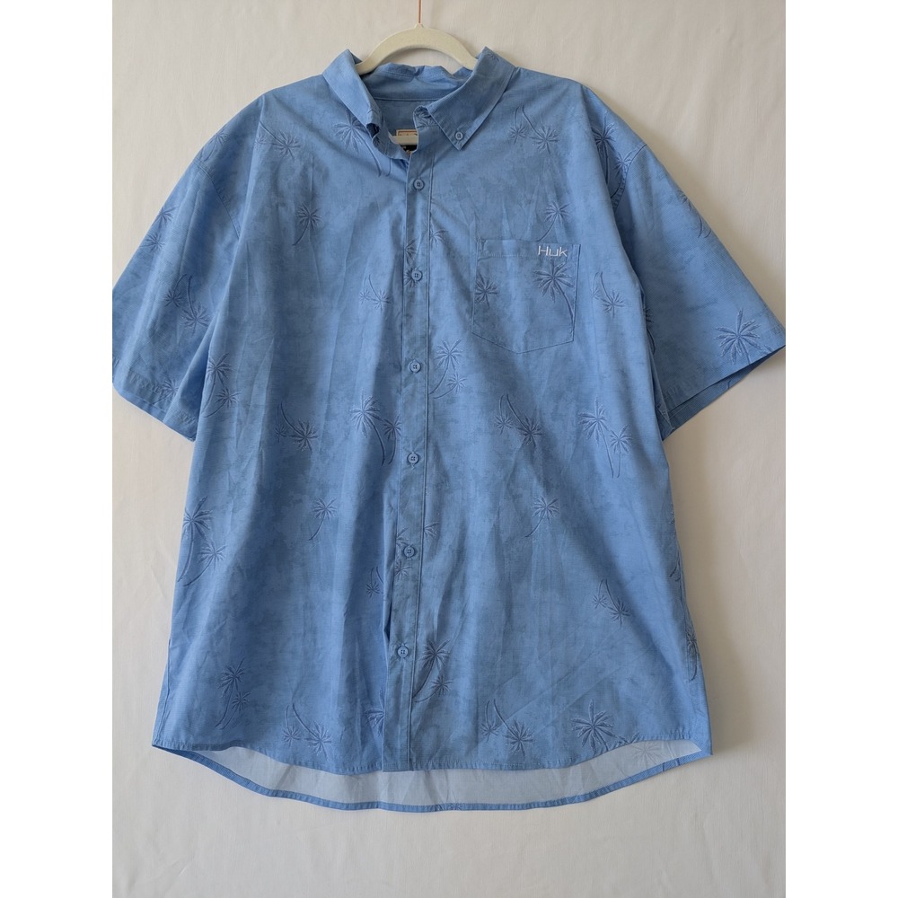 Huk Performance Fishing Mens 2XL Blue‎ Palm Tree Embroidered Button Down Shirt